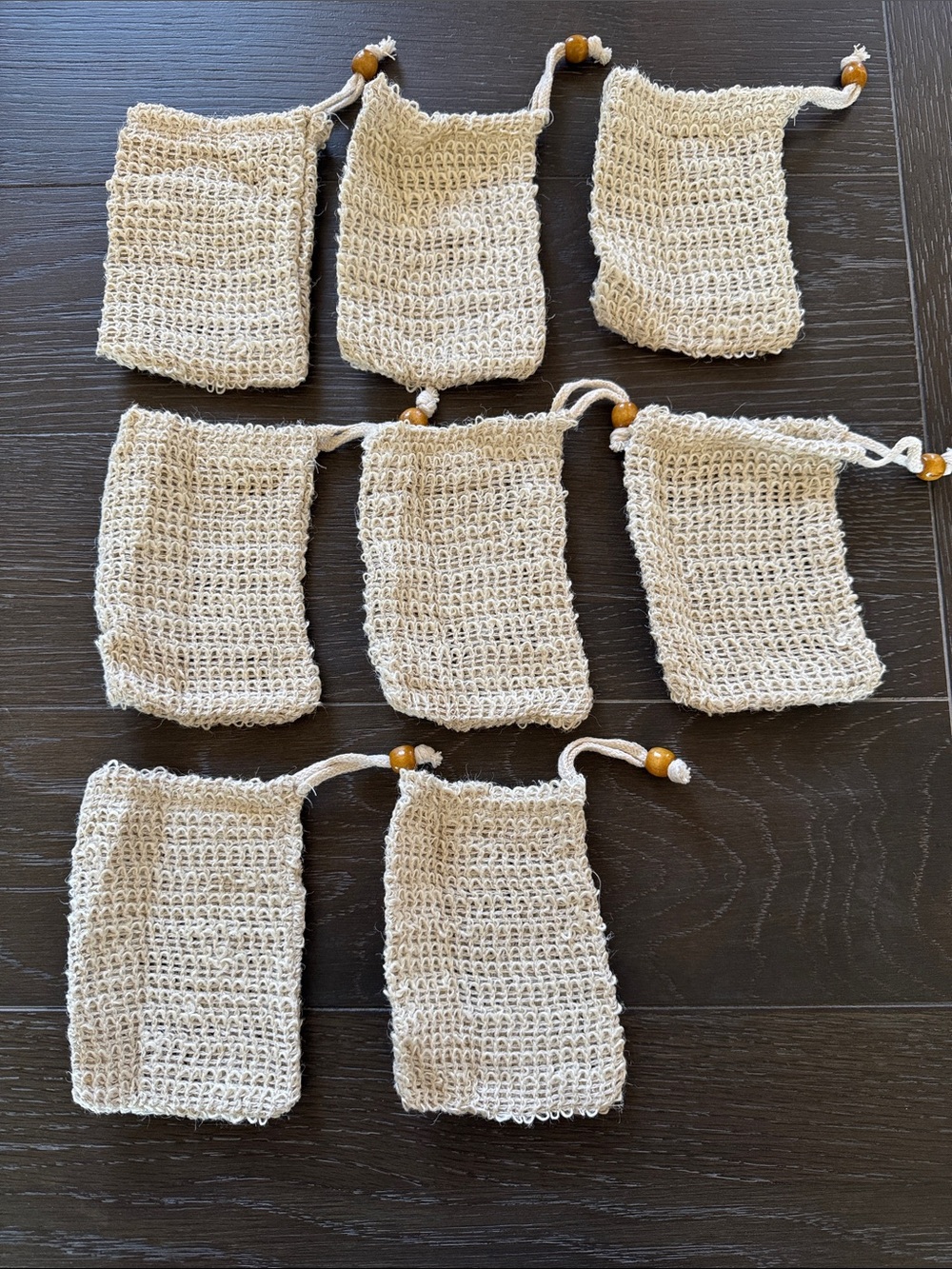 Set of 8 Drawstring Soap Bags with Wooden Bead drawstring - Cream